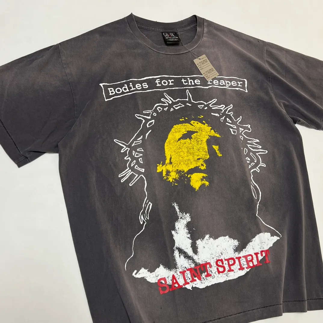 SAINT MICHAEL SS TEE/B FOR REAPER Jesus Hell's Angels Washed and Distressed Short Sleeves Washed Black S-XL Garment Dyed Printed Washed and Distressed